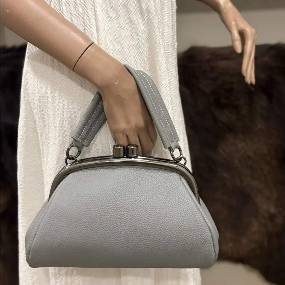 Gray Togo Cowhide Calfskin Handmade Kisslock Wristlet, Shoulder Bag, Crossbody